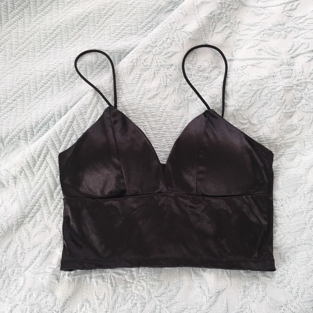 Black satin spaghetti vneck crop top